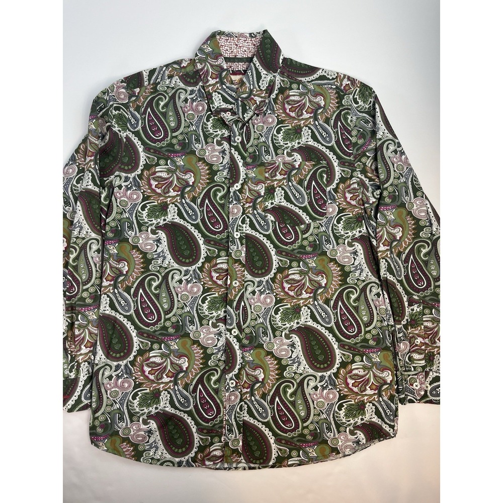 Joe Browns Shirt Mens M Green Paisley Floral Long Sleeve Regular Fit Boho Indie